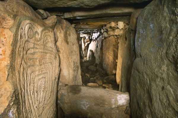 Western passage at Knowth with decorated orthostat on left